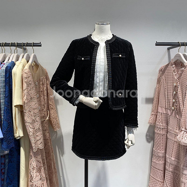 레니본 진주 벨벳 샤넬 투피스 자켓 스커트 세트--1